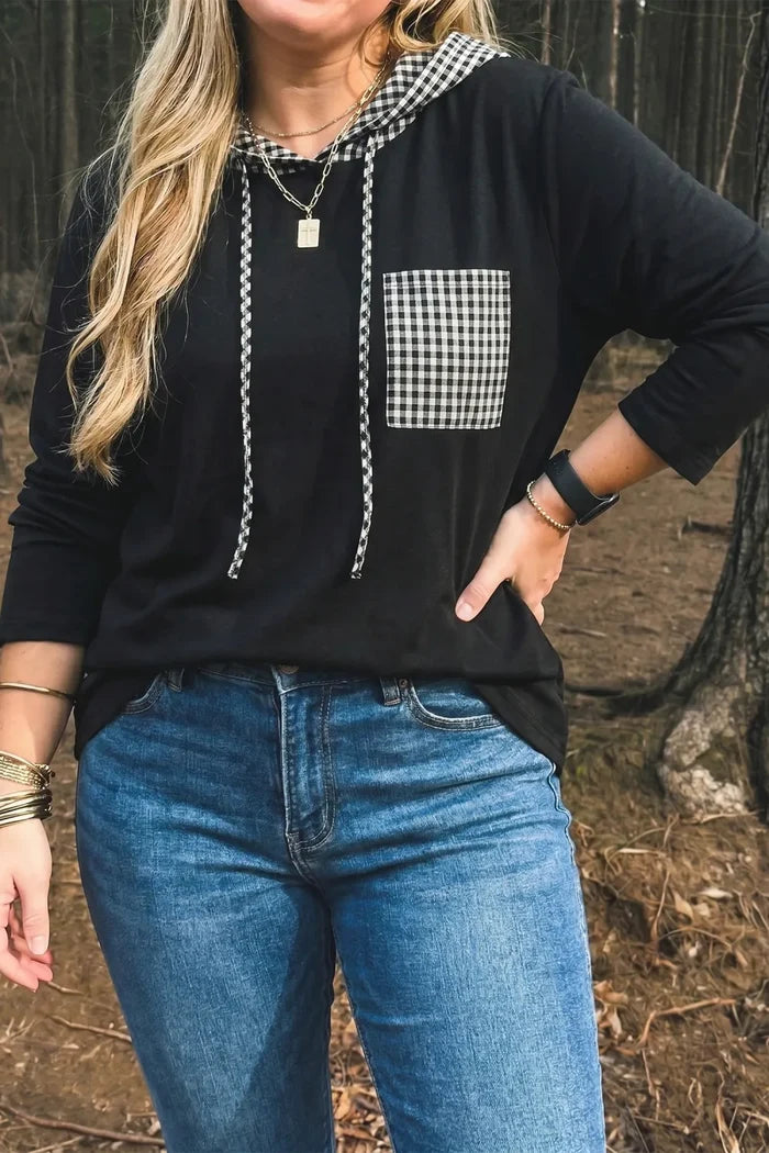 Black Hooded Gingham Pocket Shirt PLUS SIZE