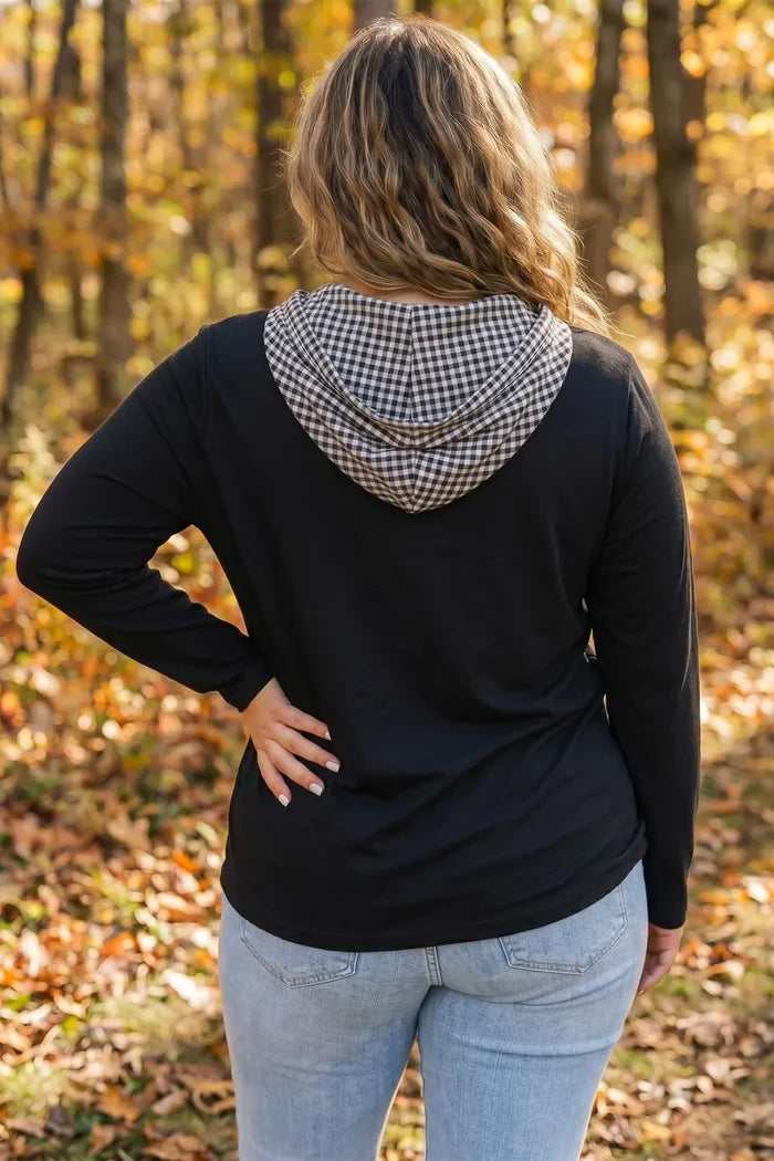 Black Hooded Gingham Pocket Shirt PLUS SIZE
