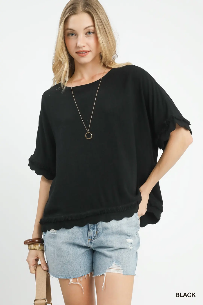 Black Linen/Cotton Scallop Top