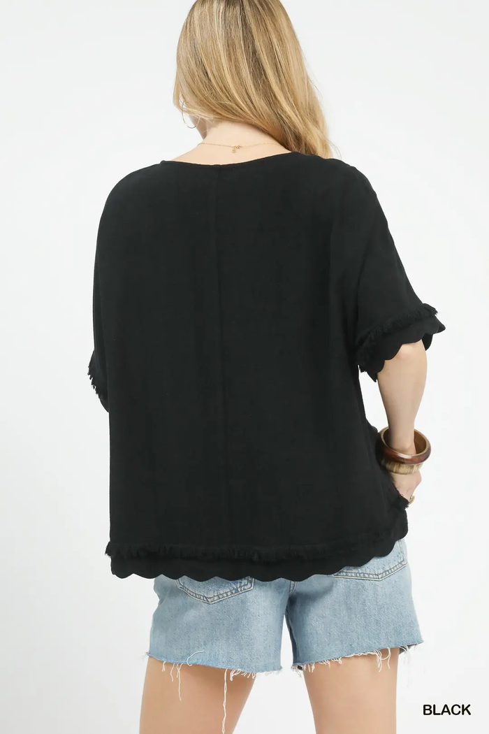 Black Linen/Cotton Scallop Top