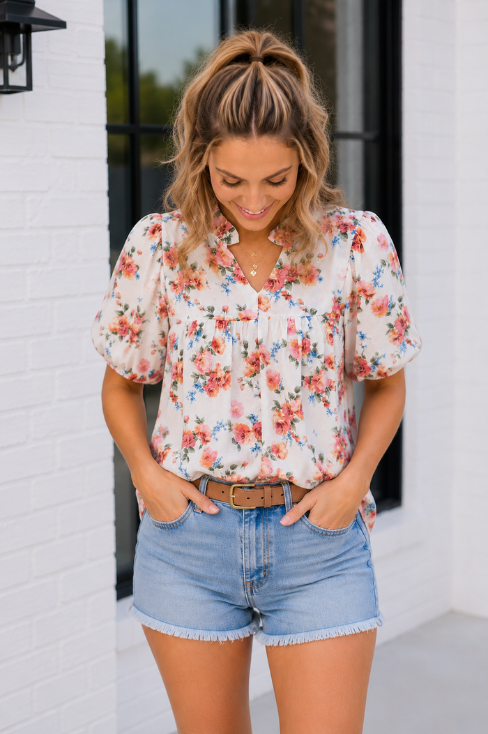 Blooming With Joy Ivory Floral Puff Sleeve Top
