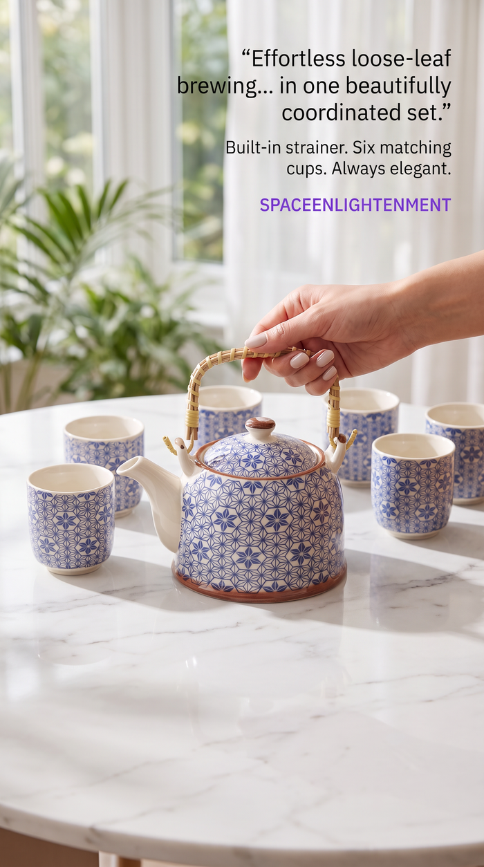 Blue Ceramic Teapot Set with Six Cups – Loose Leaf Tea Brewing Collection