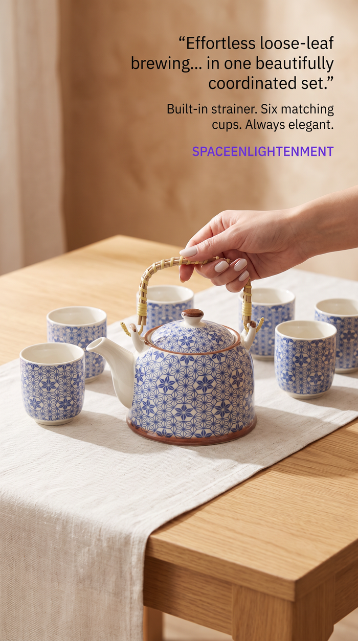 Blue Ceramic Teapot Set with Six Cups – Loose Leaf Tea Brewing Collection