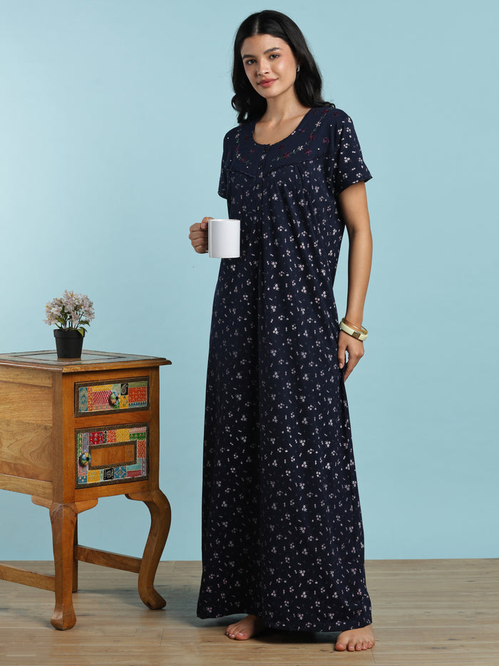 Blue floral cotton blend nightydress for women online