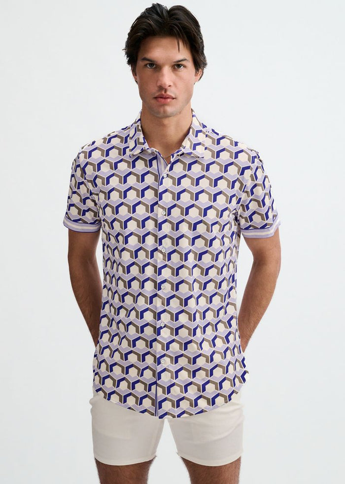Blueberry/Thistle Hex Printed Performance Stretch Short Sleeve Shirt W/Placket Detail St-26029