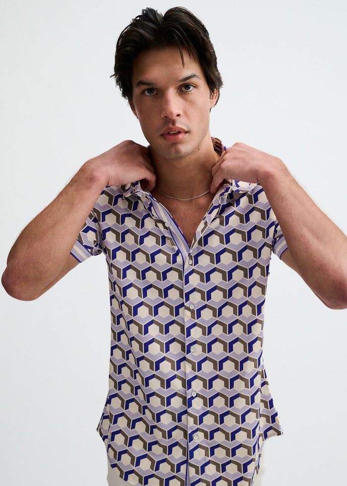 Blueberry/Thistle Hex Printed Performance Stretch Short Sleeve Shirt W/Placket Detail St-26029