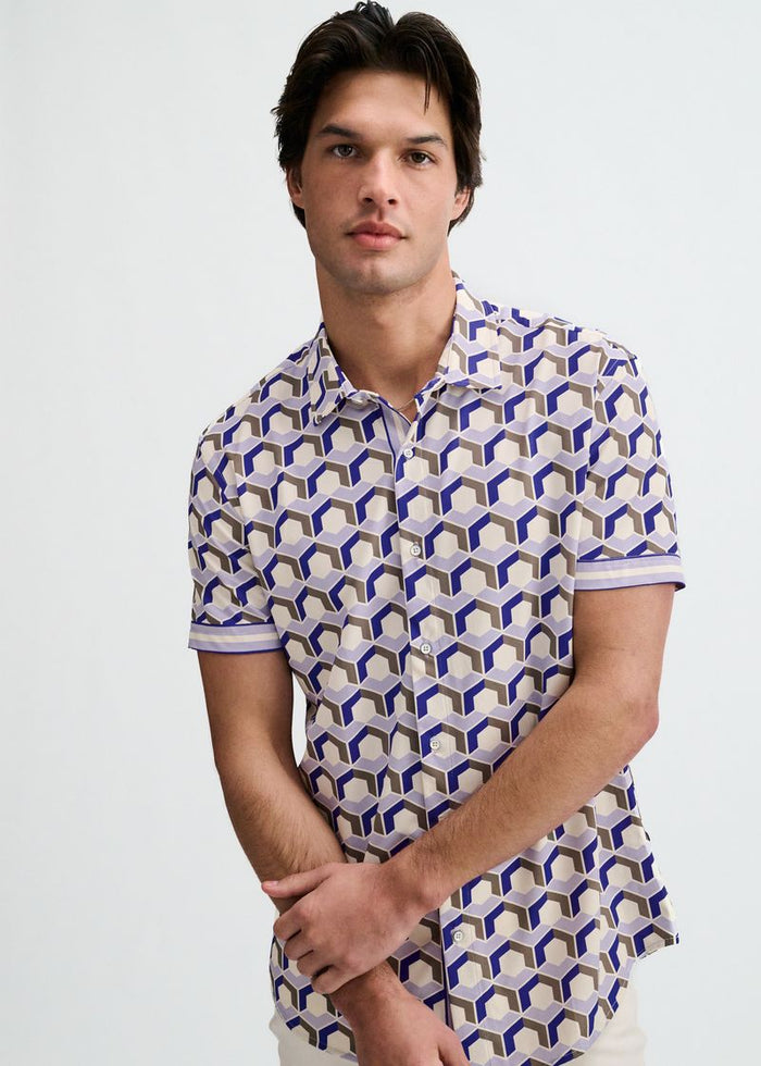 Blueberry/Thistle Hex Printed Performance Stretch Short Sleeve Shirt W/Placket Detail St-26029