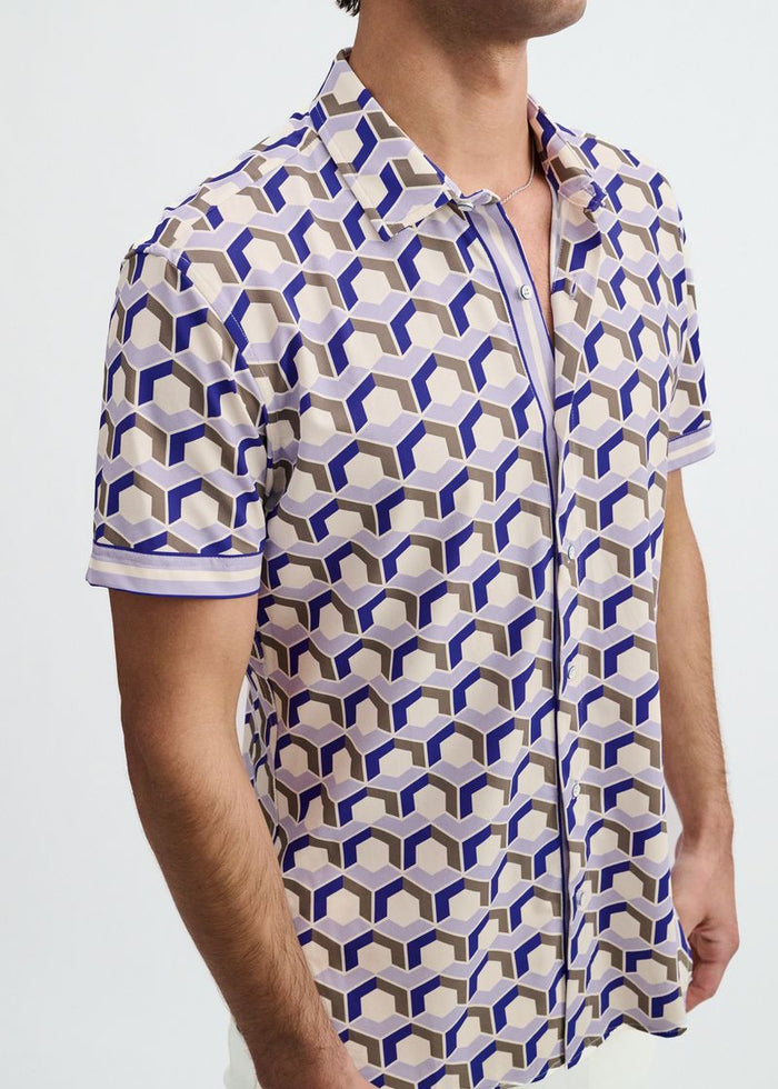 Blueberry/Thistle Hex Printed Performance Stretch Short Sleeve Shirt W/Placket Detail St-26029
