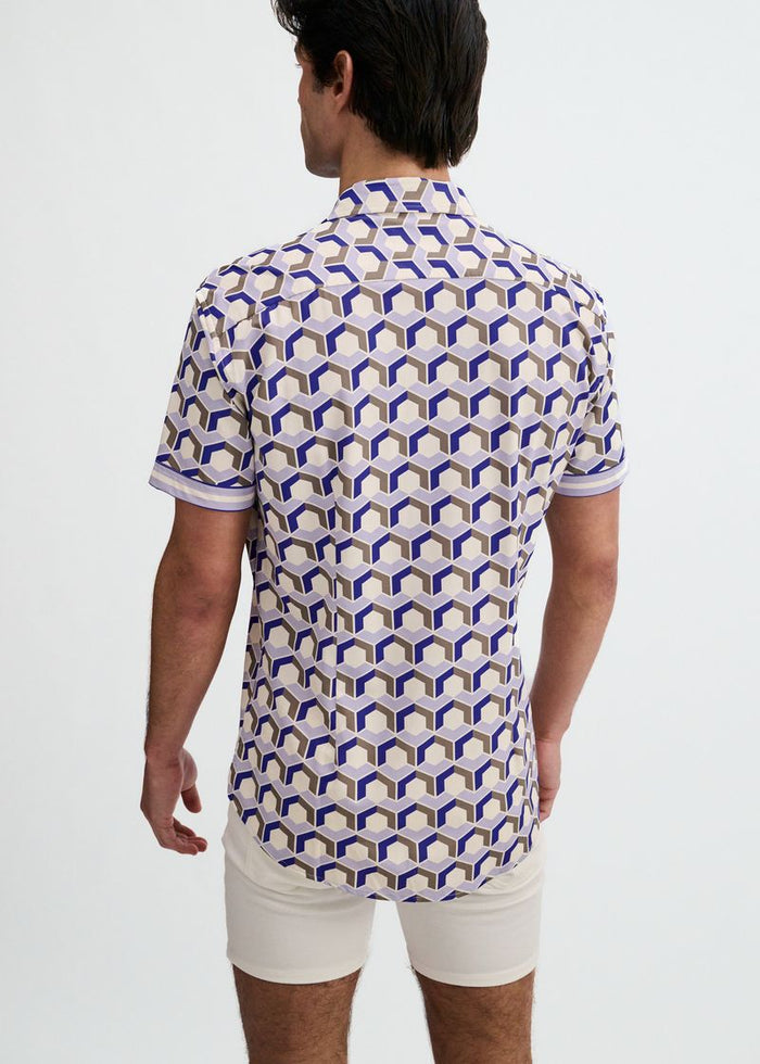 Blueberry/Thistle Hex Printed Performance Stretch Short Sleeve Shirt W/Placket Detail St-26029