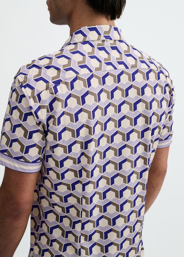Blueberry/Thistle Hex Printed Performance Stretch Short Sleeve Shirt W/Placket Detail St-26029
