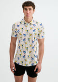 Blue/Yellow Birds Printed Cotton Knit Jersey Short Sleeve Shirt W/Placket Detail St-9359