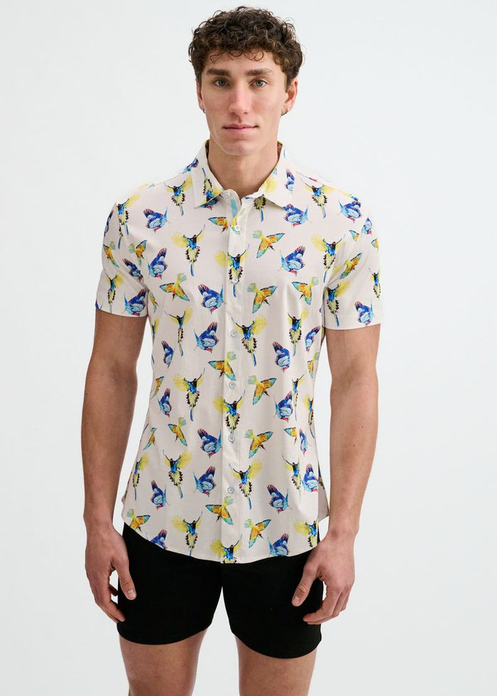 Blue/Yellow Birds Printed Cotton Knit Jersey Short Sleeve Shirt W/Placket Detail St-9359
