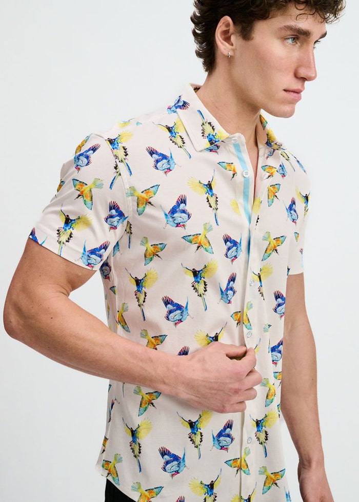 Blue/Yellow Birds Printed Cotton Knit Jersey Short Sleeve Shirt W/Placket Detail St-9359