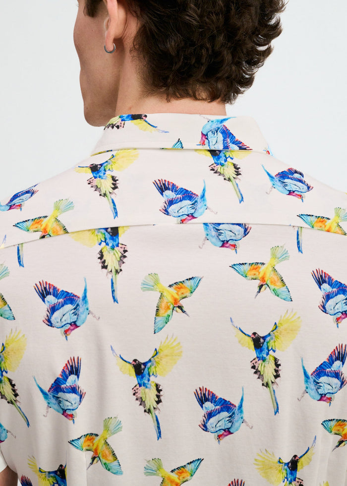 Blue/Yellow Birds Printed Cotton Knit Jersey Short Sleeve Shirt W/Placket Detail St-9359