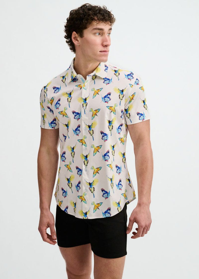 Blue/Yellow Birds Printed Cotton Knit Jersey Short Sleeve Shirt W/Placket Detail St-9359