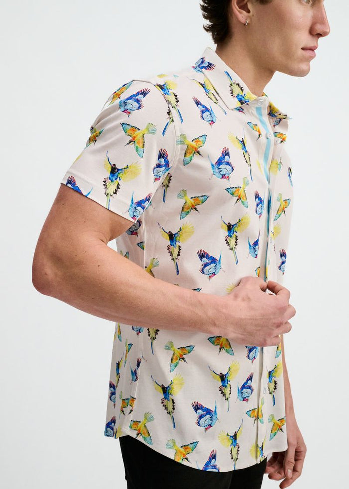 Blue/Yellow Birds Printed Cotton Knit Jersey Short Sleeve Shirt W/Placket Detail St-9359