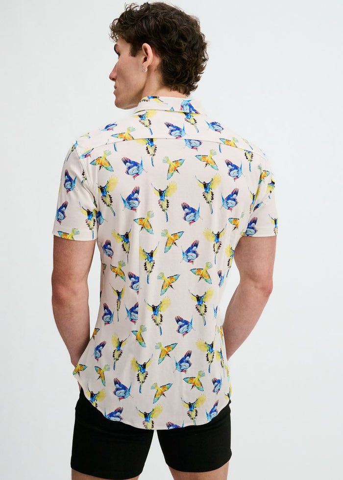 Blue/Yellow Birds Printed Cotton Knit Jersey Short Sleeve Shirt W/Placket Detail St-9359