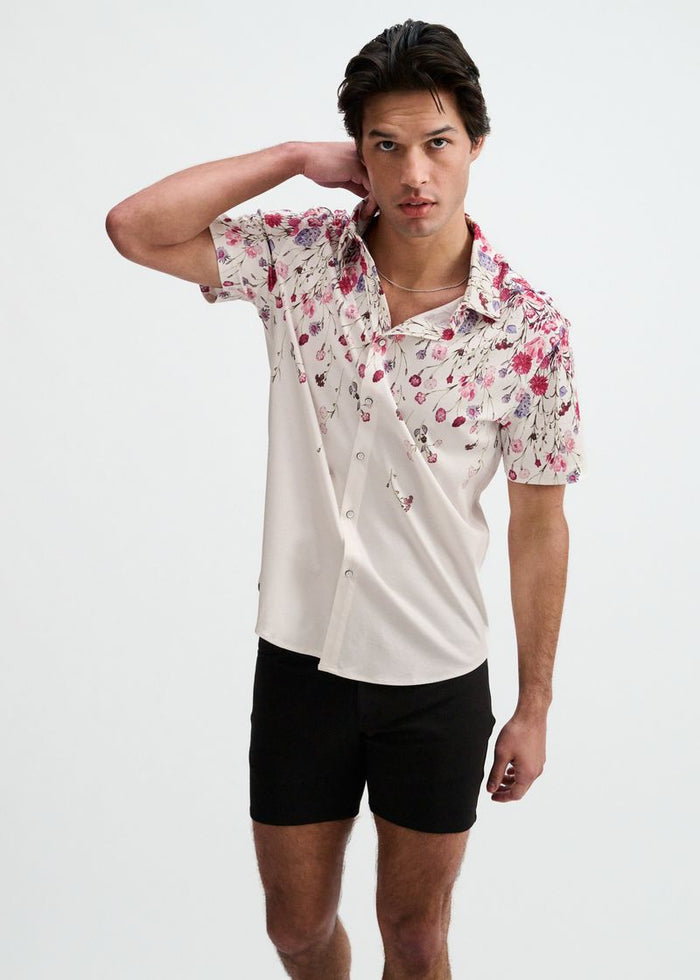 Blush/Fuchsia Floral Engineered Border Print Cotton Knit Jersey Short Sleeve Shirt St-9348