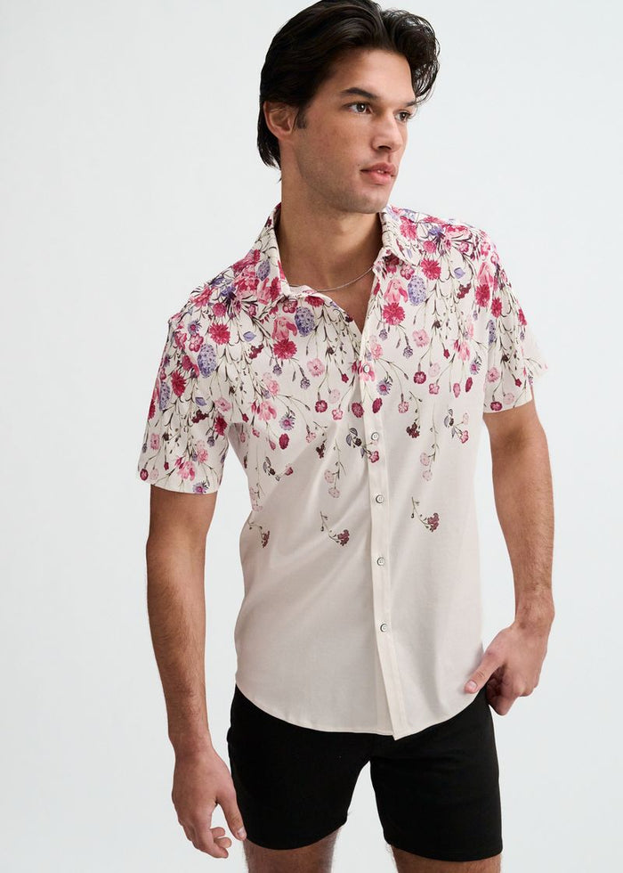 Blush/Fuchsia Floral Engineered Border Print Cotton Knit Jersey Short Sleeve Shirt St-9348