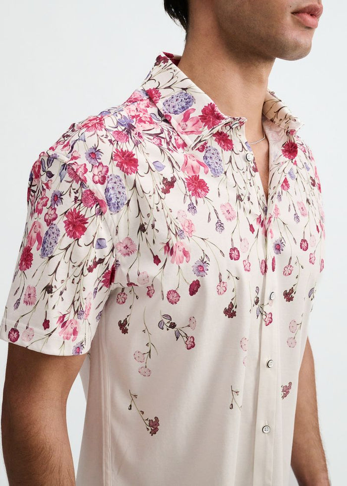 Blush/Fuchsia Floral Engineered Border Print Cotton Knit Jersey Short Sleeve Shirt St-9348