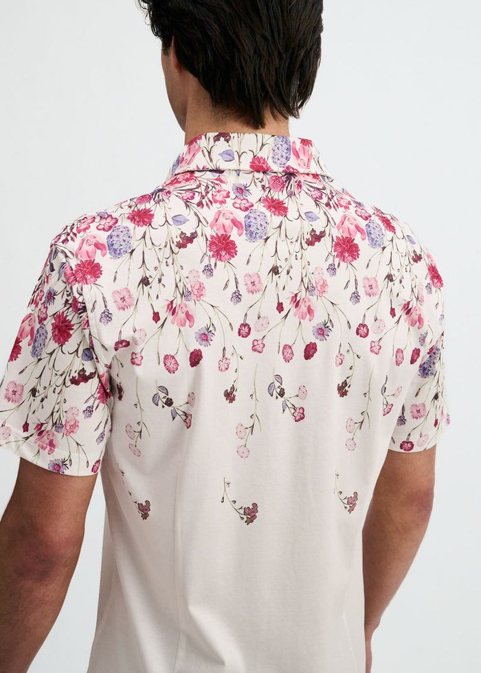 Blush/Fuchsia Floral Engineered Border Print Cotton Knit Jersey Short Sleeve Shirt St-9348