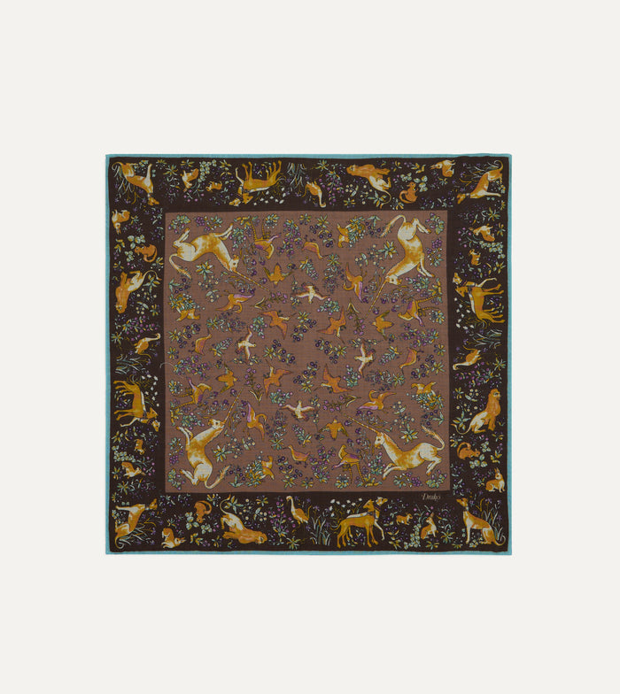 Brown Unicorn Tapestry Print Wool-Silk Bandana