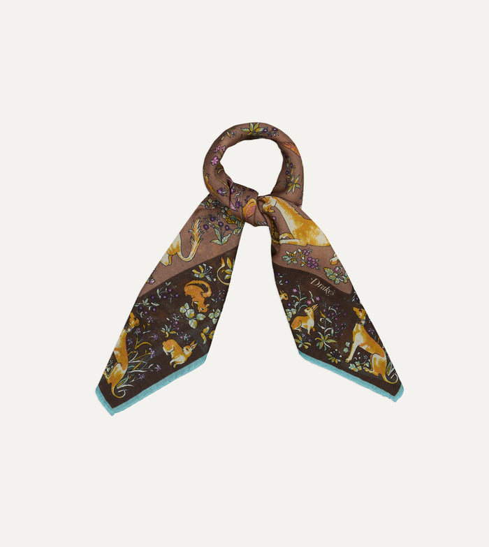 Brown Unicorn Tapestry Print Wool-Silk Bandana