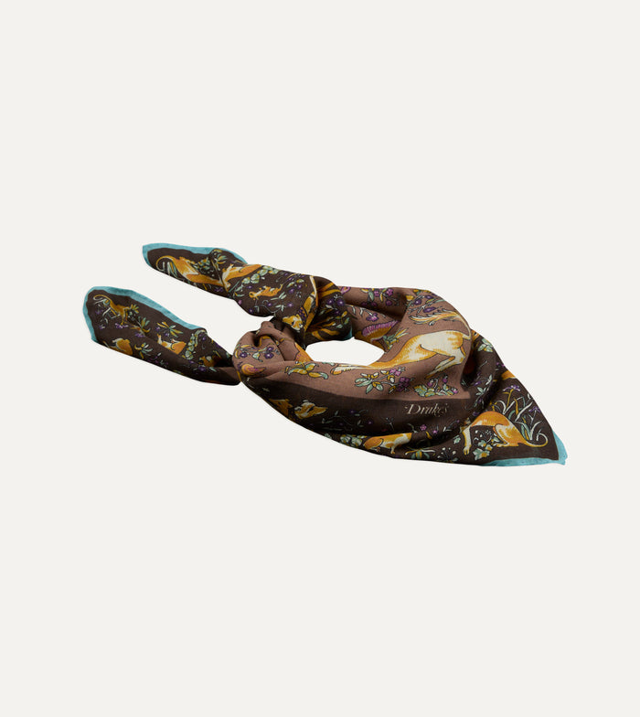 Brown Unicorn Tapestry Print Wool-Silk Bandana