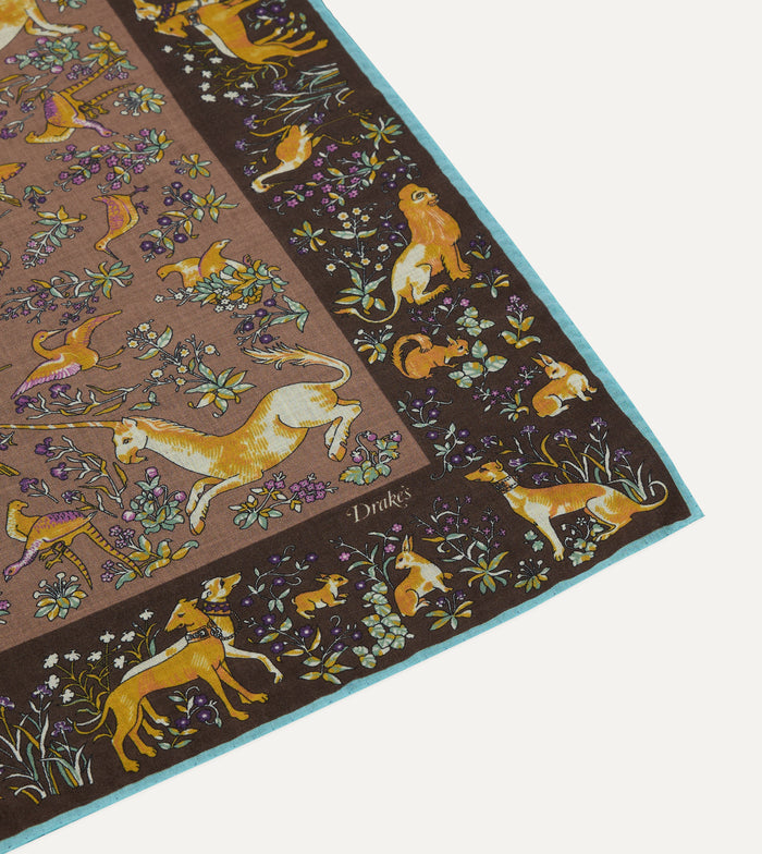 Brown Unicorn Tapestry Print Wool-Silk Bandana