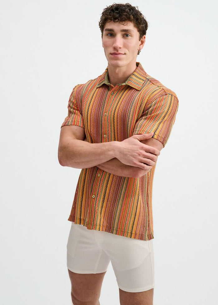 Bumblebee/Sage Vertical Stripe Open Knit Short Sleeve Shirt St-24074