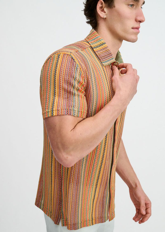 Bumblebee/Sage Vertical Stripe Open Knit Short Sleeve Shirt St-24074