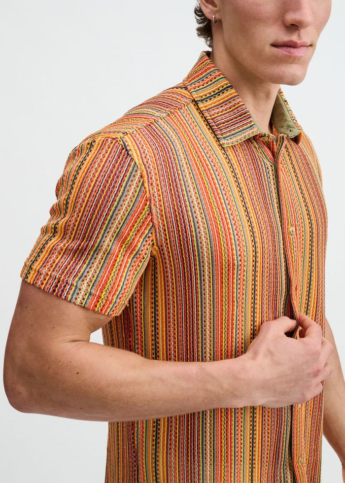 Bumblebee/Sage Vertical Stripe Open Knit Short Sleeve Shirt St-24074