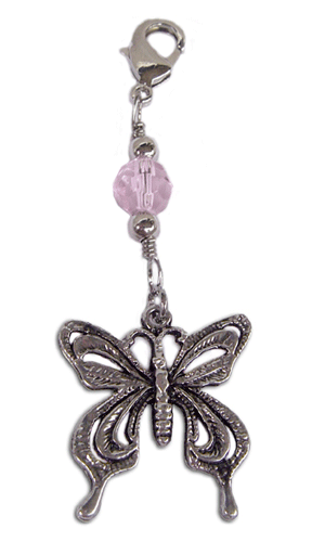 silver butterfly charm with pink faceted bead and lobster clasp