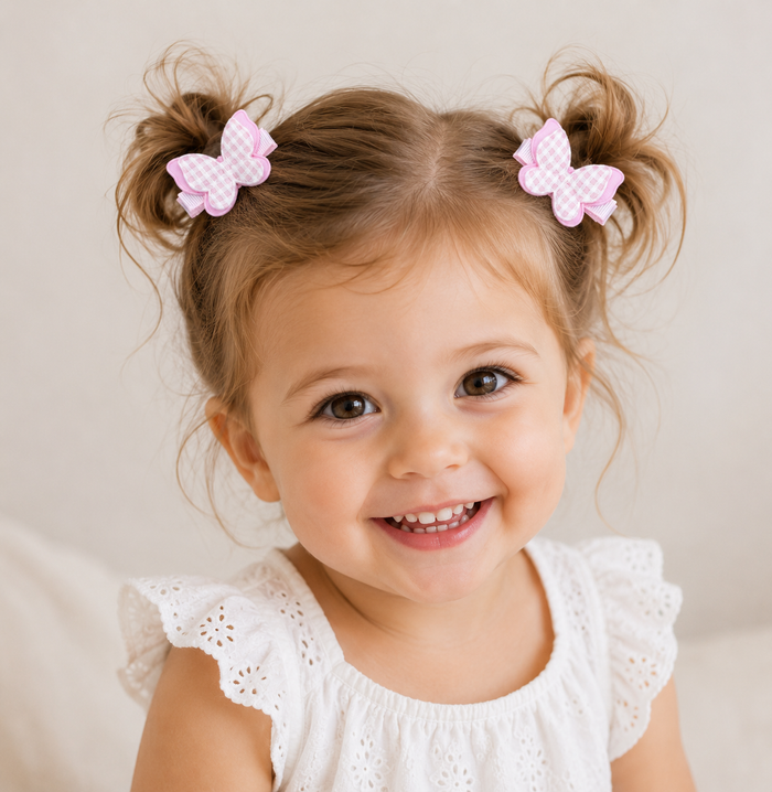 Toddler child with pigtails and pink butterfly hair clips, wearing a white dress against a neutral background