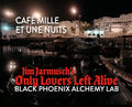 Nautical scene with boats and buildings at night, featuring text for 'Café Mille Et Une Nuits' and 'Only Lovers Left Alive'.