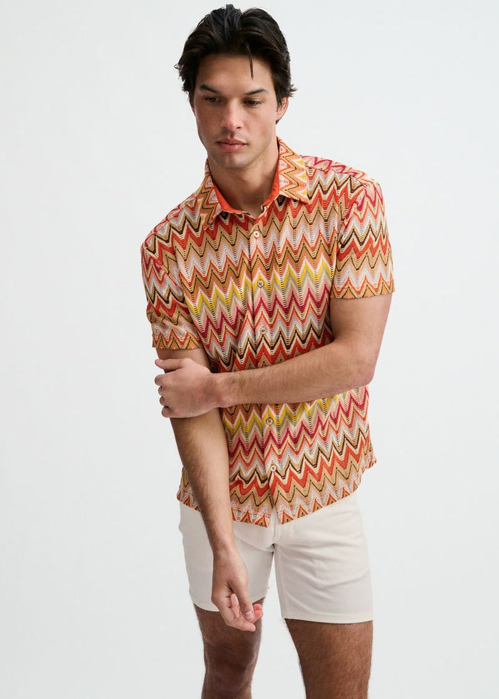 Camel/Rust Open Knit Stretch Chevron Short Sleeve Shirt St-24079