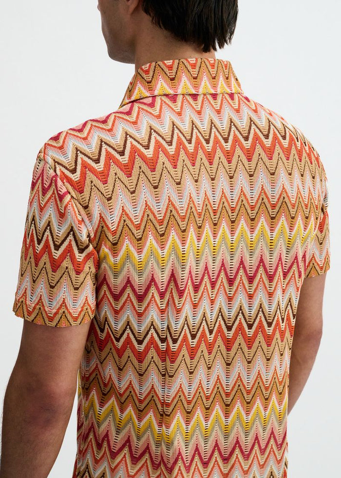 Camel/Rust Open Knit Stretch Chevron Short Sleeve Shirt St-24079
