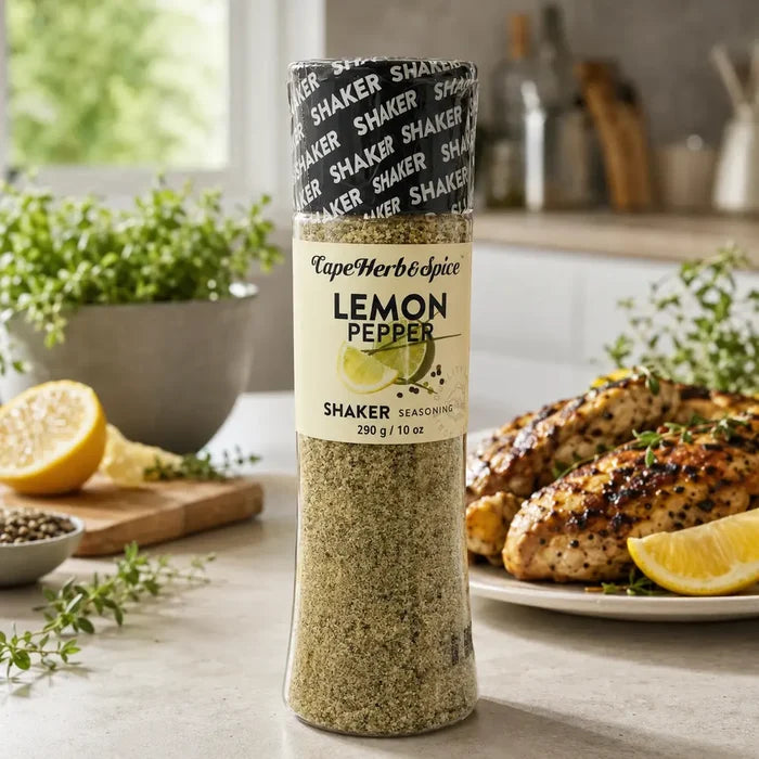 Cape Herb & Spice Lemon Pepper Shaker 290g beside grilled chicken and lemon in a bright kitchen