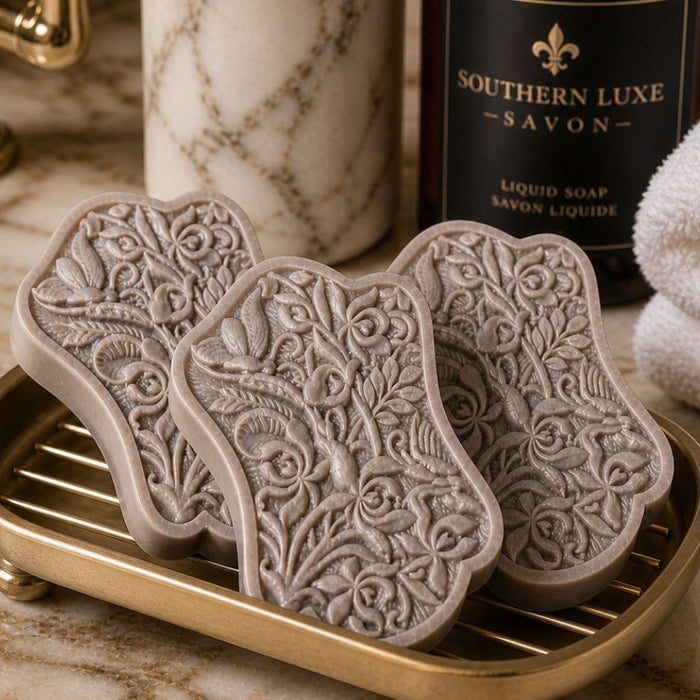 Three Cask & Crown Victorian scroll guest soaps with raw honey, argan oil, Tussah silk for rich lather by Southern Luxe Savon
