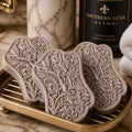 Three Cask & Crown Victorian scroll guest soaps with raw honey, argan oil, Tussah silk for rich lather by Southern Luxe Savon