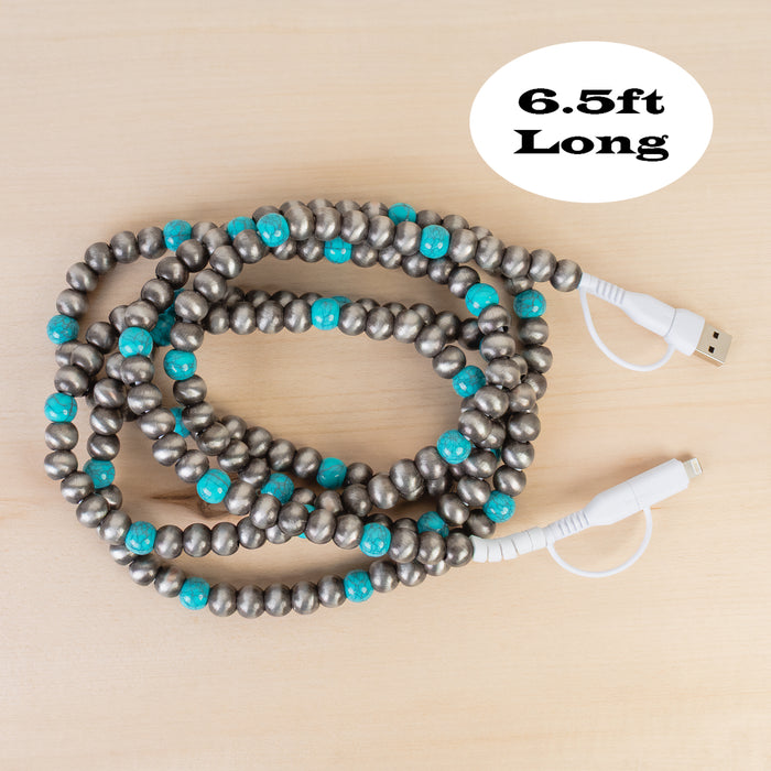 CC60 - 4-in-1 Extra Long Beaded Charging Cable - Turquoise & Silver