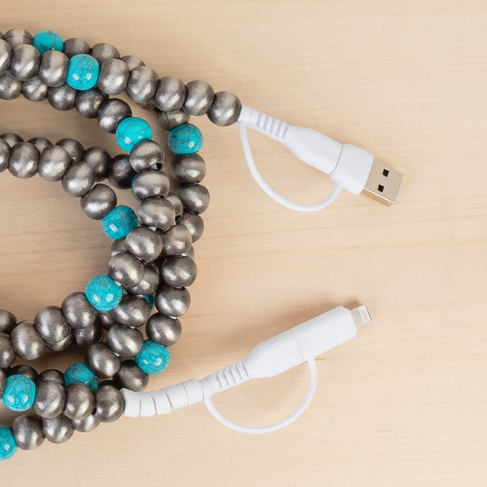 CC60 - 4-in-1 Extra Long Beaded Charging Cable - Turquoise & Silver