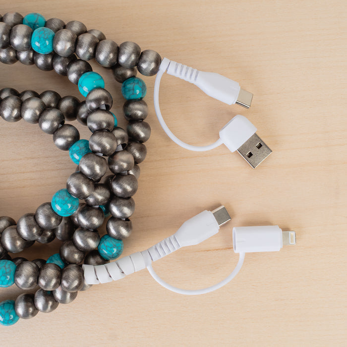 CC60 - 4-in-1 Extra Long Beaded Charging Cable - Turquoise & Silver