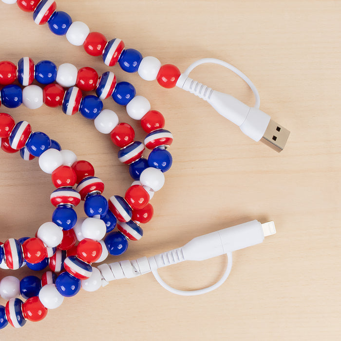 CC62 - 4-in-1 Extra Long Beaded Charging Cable - Red White & Blue