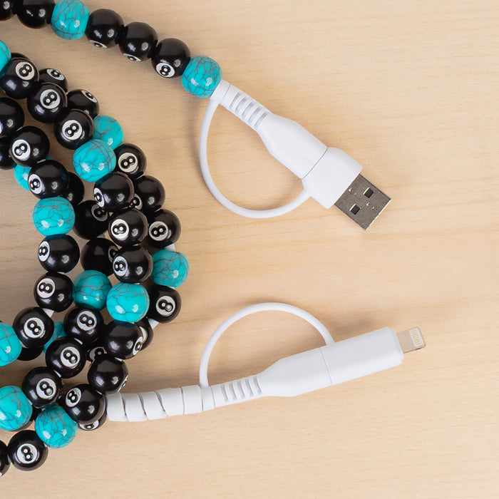 CC68 - 4-in-1 Extra Long Beaded Charging Cable - Turquoise & 8-Ball