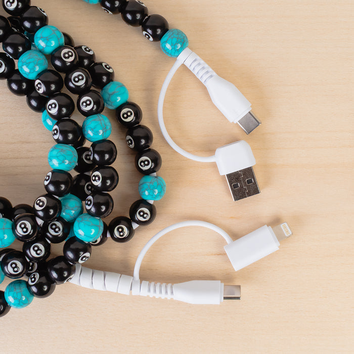 CC68 - 4-in-1 Extra Long Beaded Charging Cable - Turquoise & 8-Ball