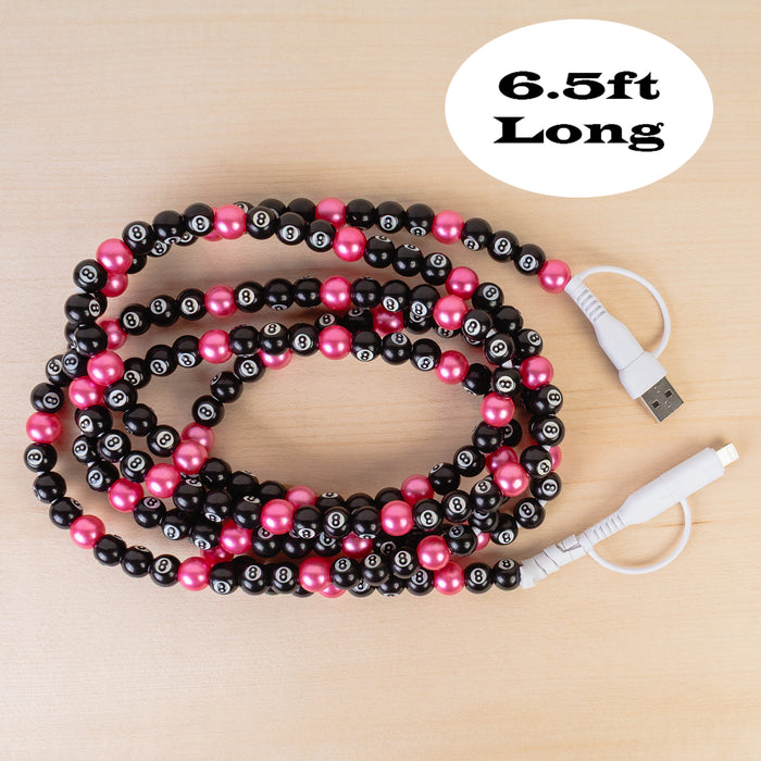 CC69 - 4-in-1 Extra Long Beaded Charging Cable - Fuchsia & 8-Ball