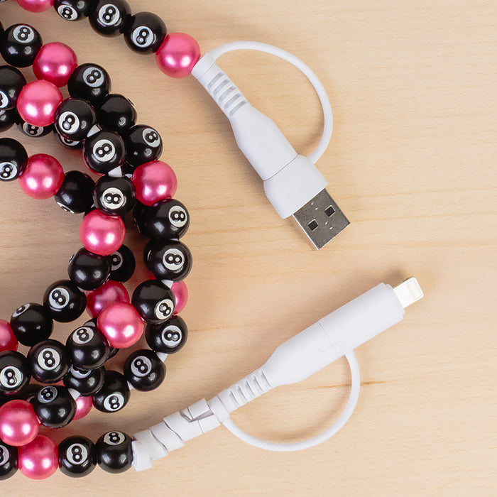 CC69 - 4-in-1 Extra Long Beaded Charging Cable - Fuchsia & 8-Ball