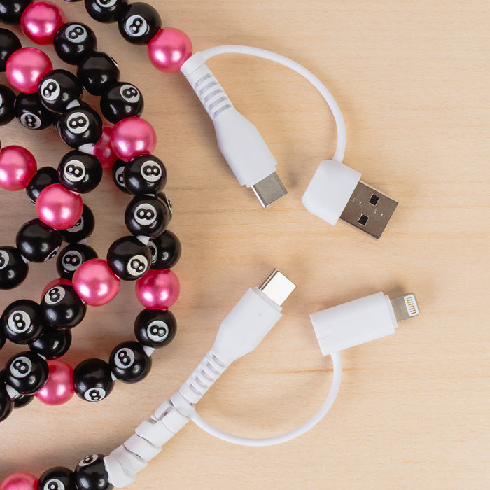 CC69 - 4-in-1 Extra Long Beaded Charging Cable - Fuchsia & 8-Ball