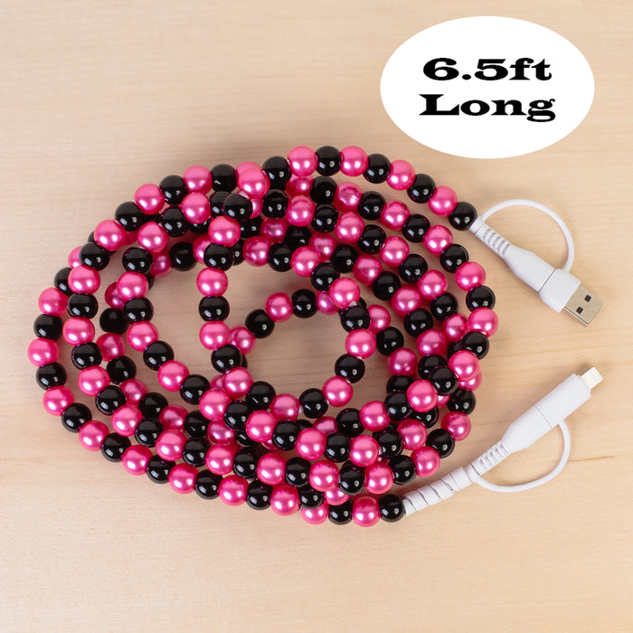 CC73 - 4-in-1 Extra Long Beaded Charging Cable - Fuchsia & Black